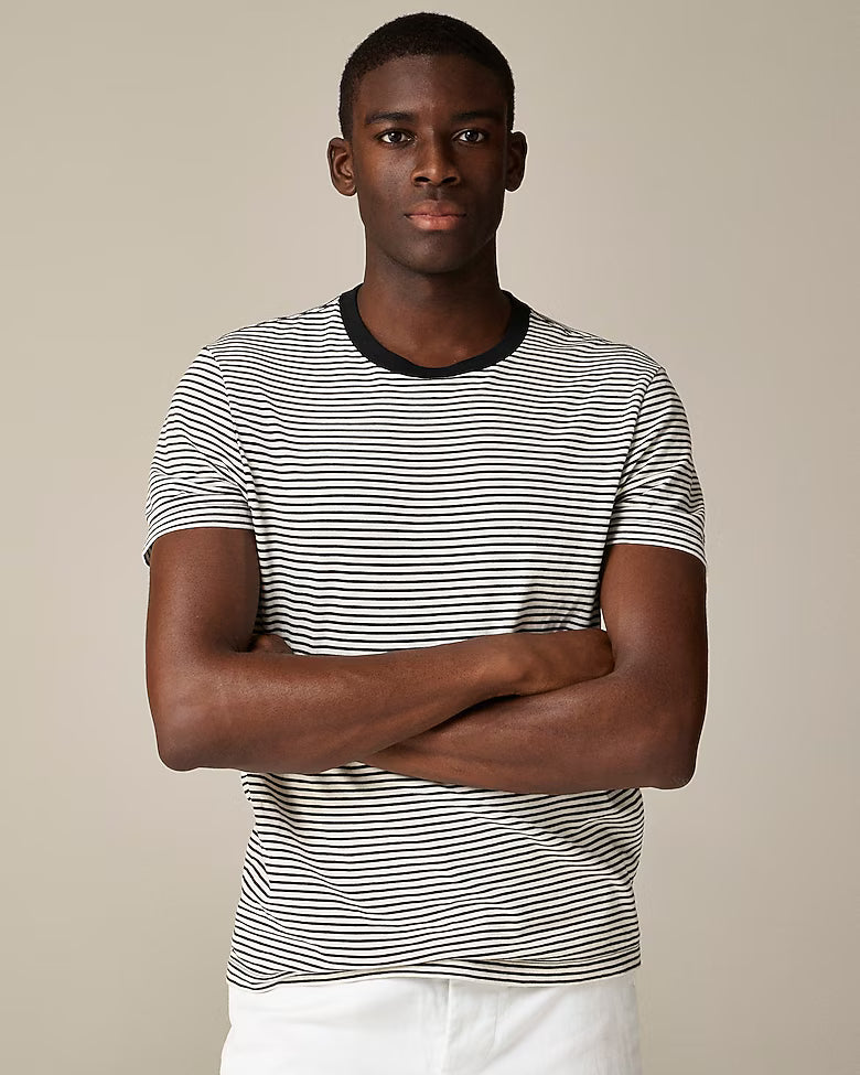 Camiseta de algodón afelpado a rayas marfil y negro